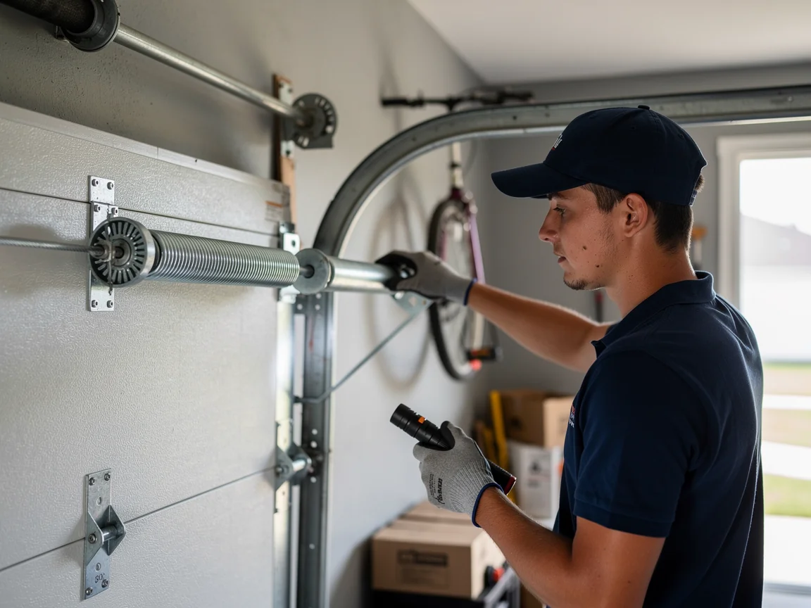 A technician in a blue shirt and cap works on a garage door torsion spring.