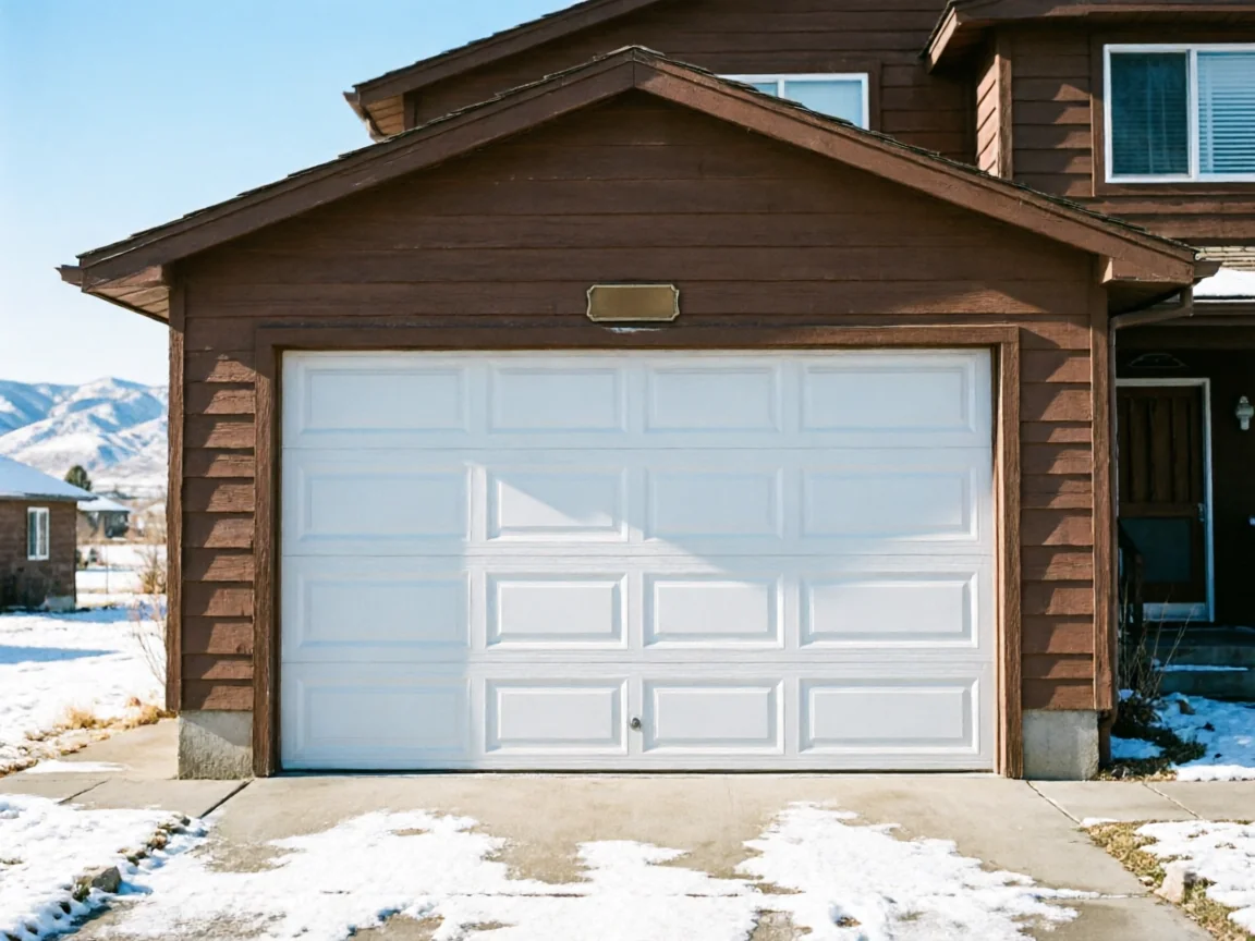 A white paneled garage door on a brown house with snow on the ground.